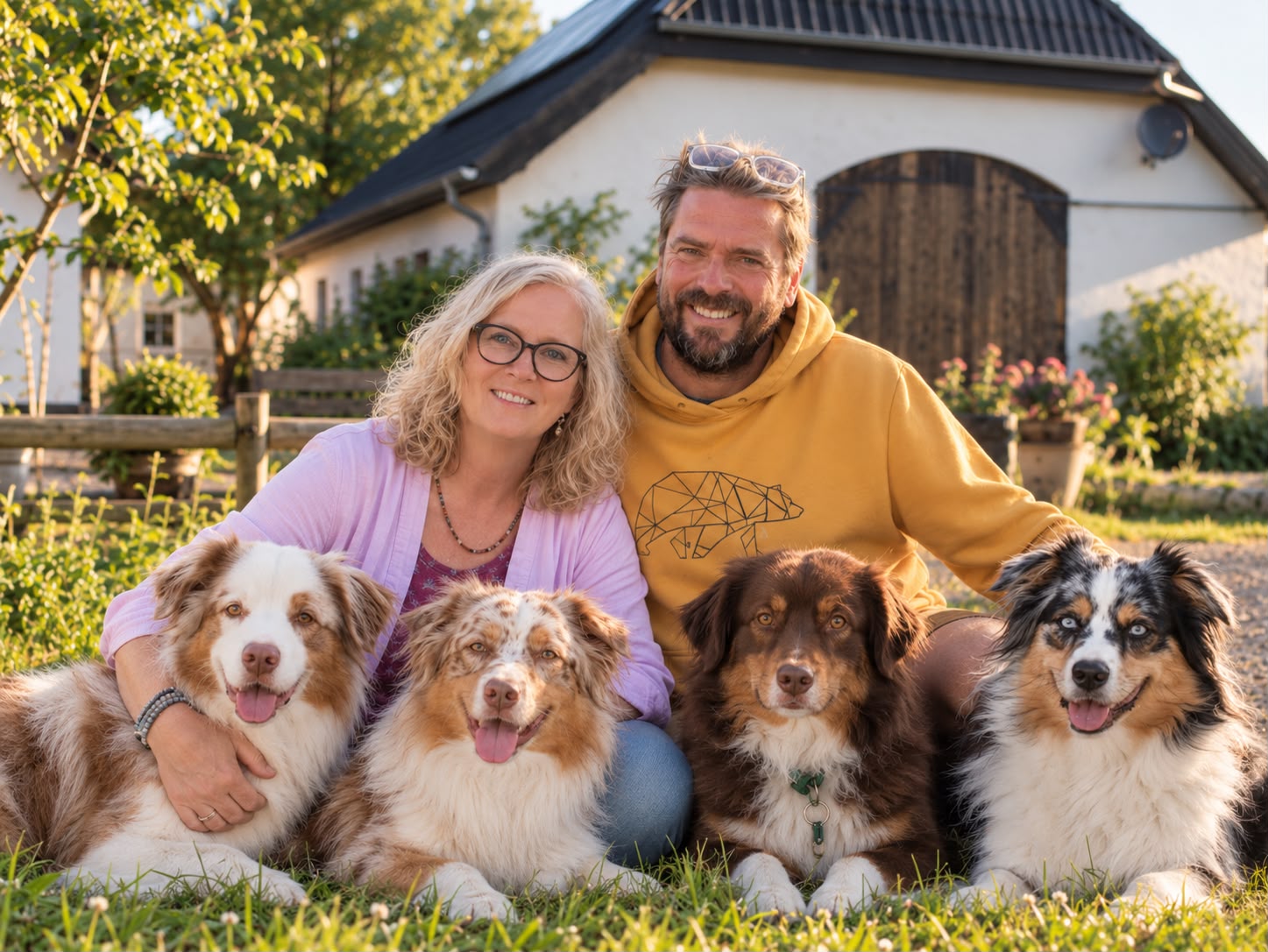 Anny und Lutz mit ihren vier Australian Shepherds vor ihrem Birkenhof im warmen Abendlicht.